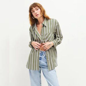 NWOT Reformation Will Oversized Shirt in Fern Stripe Cotton Button Collar